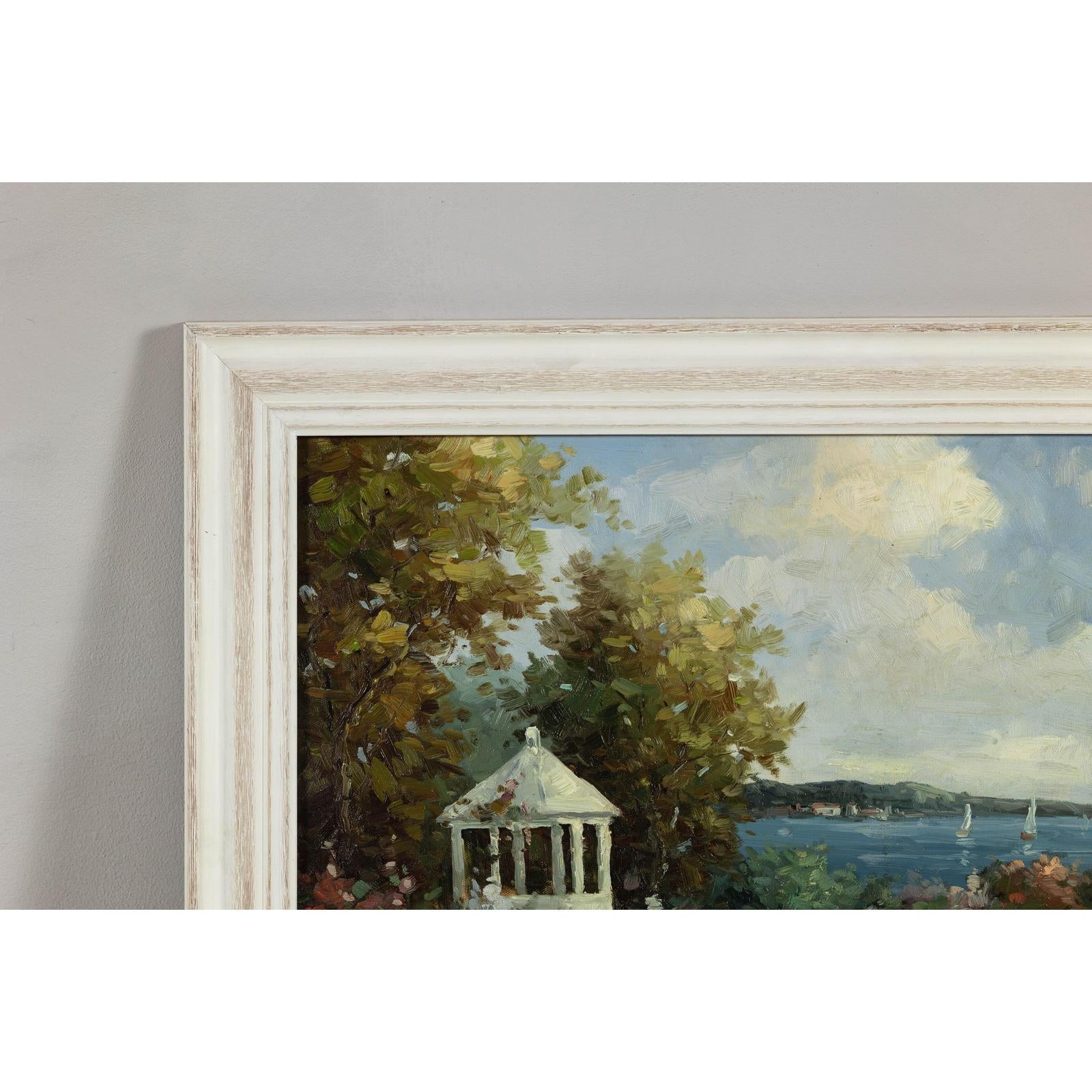 Impressionist Style Garden Painting with Gazebo and Waterfront, Signed R. Johns