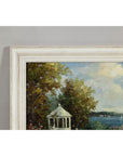 Impressionist Style Garden Painting with Gazebo and Waterfront, Signed R. Johns