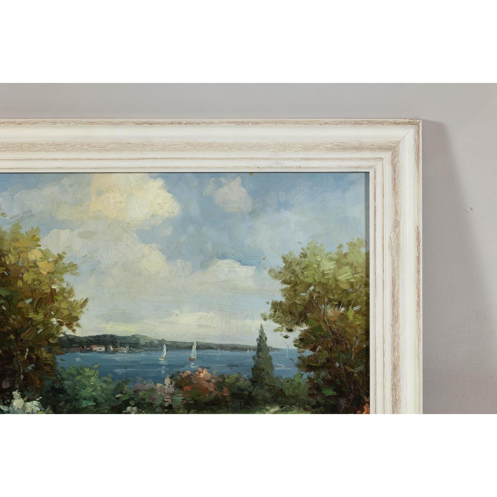 Impressionist Style Garden Painting with Gazebo and Waterfront, Signed R. Johns
