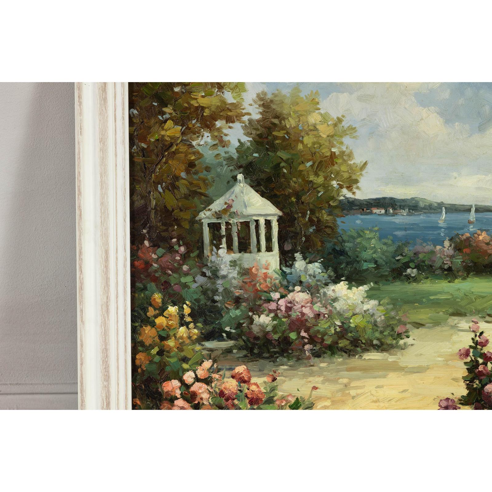 Impressionist Style Garden Painting with Gazebo and Waterfront, Signed R. Johns
