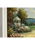 Impressionist Style Garden Painting with Gazebo and Waterfront, Signed R. Johns