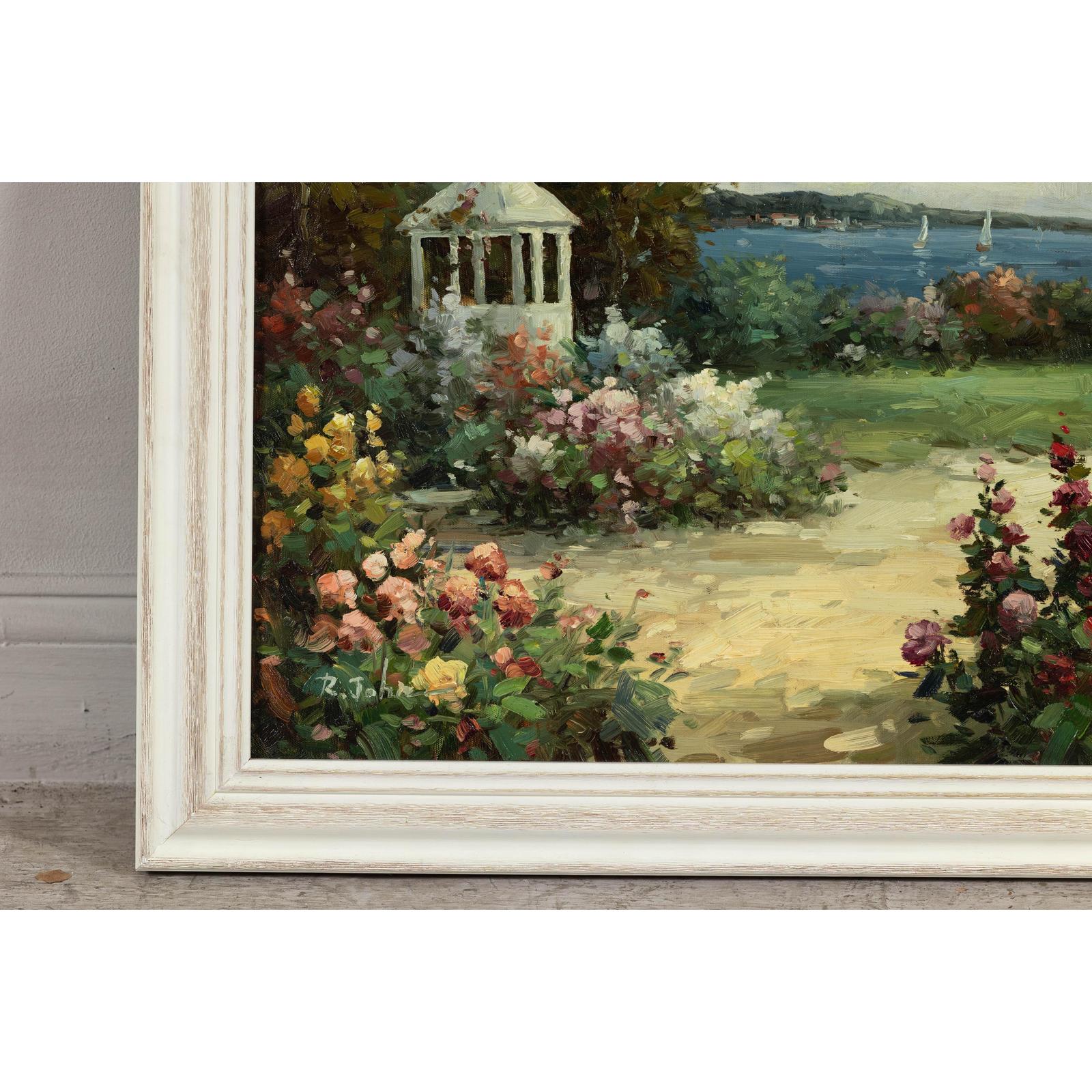 Impressionist Style Garden Painting with Gazebo and Waterfront, Signed R. Johns