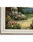 Impressionist Style Garden Painting with Gazebo and Waterfront, Signed R. Johns