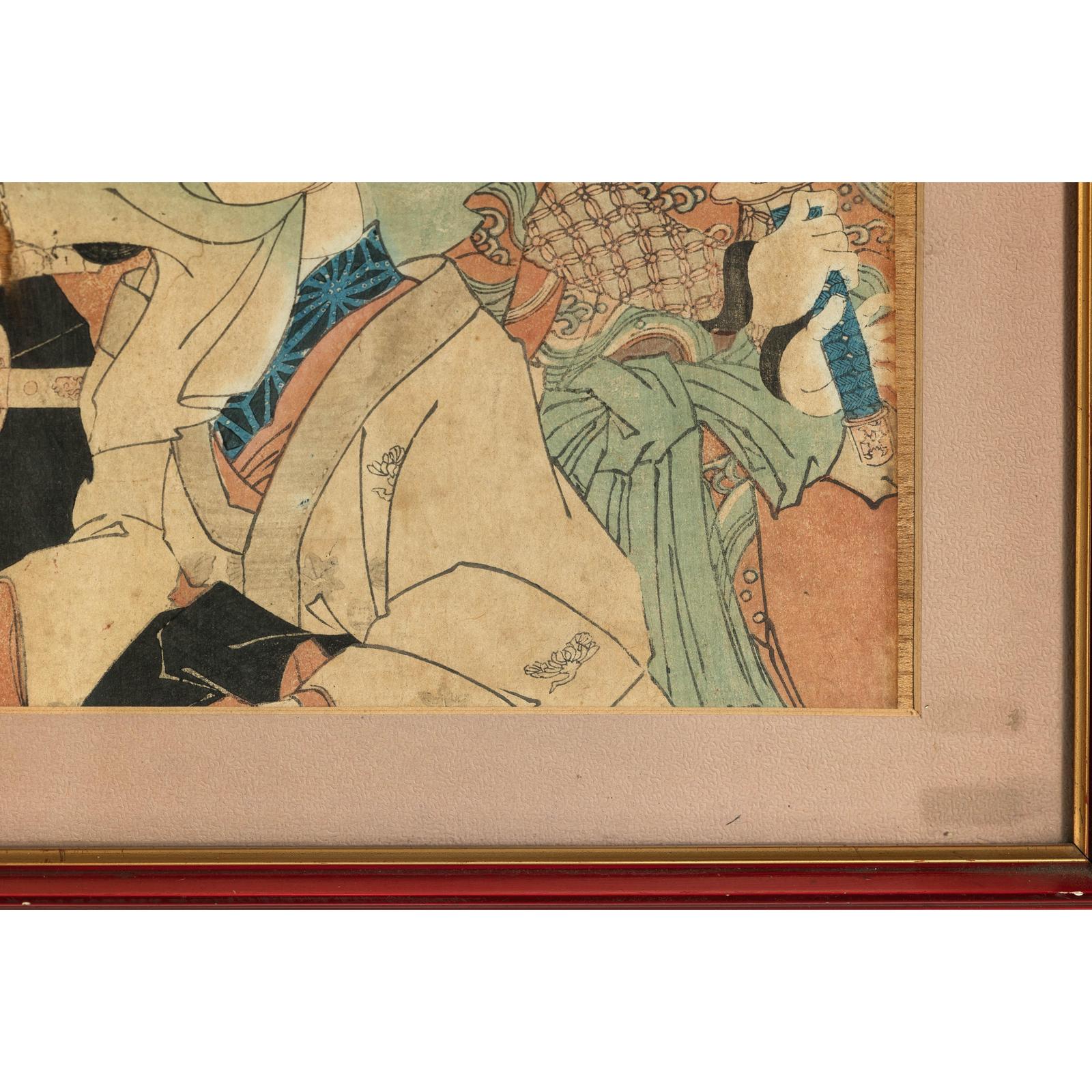 Framed Kabuki Triptych Print with Samurai and Courtesan Actors
