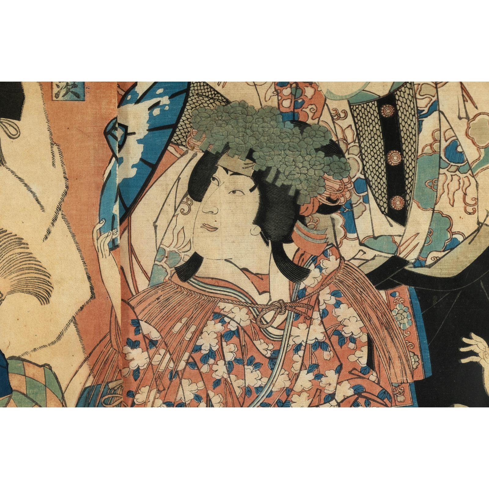 Framed Kabuki Triptych Print with Samurai and Courtesan Actors