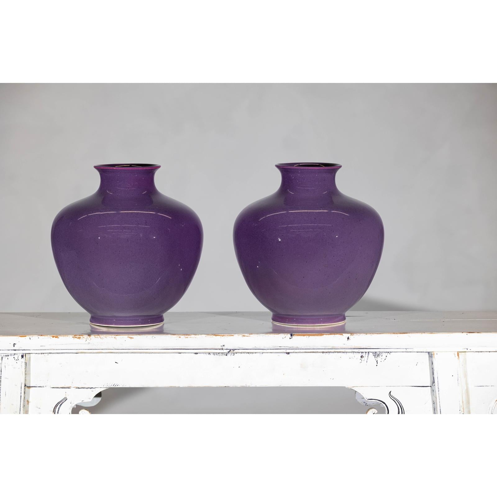 Pair of Purple Ceramic Vases with Glossy Finish and Rounded Bellies