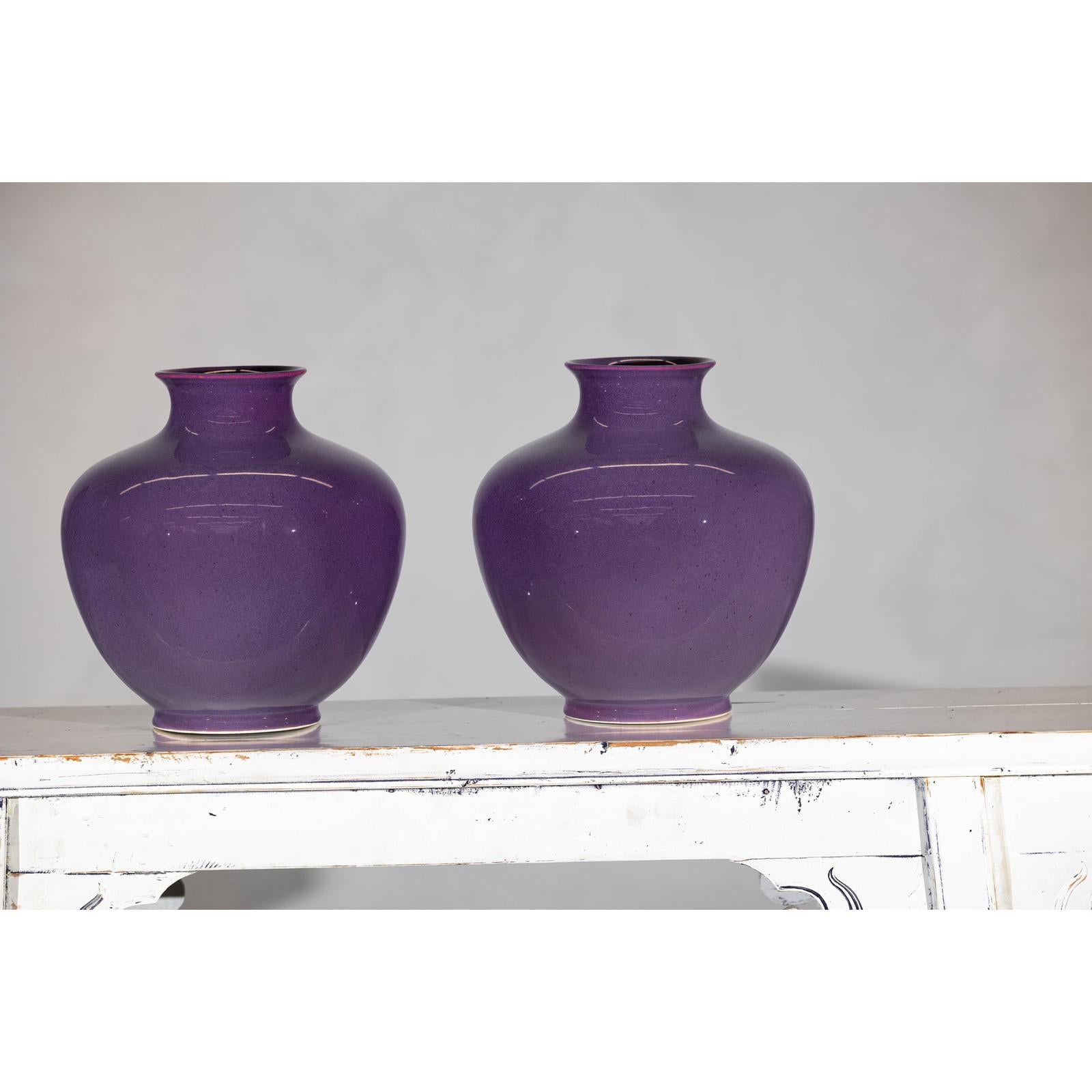 Pair of Purple Ceramic Vases with Glossy Finish and Rounded Bellies