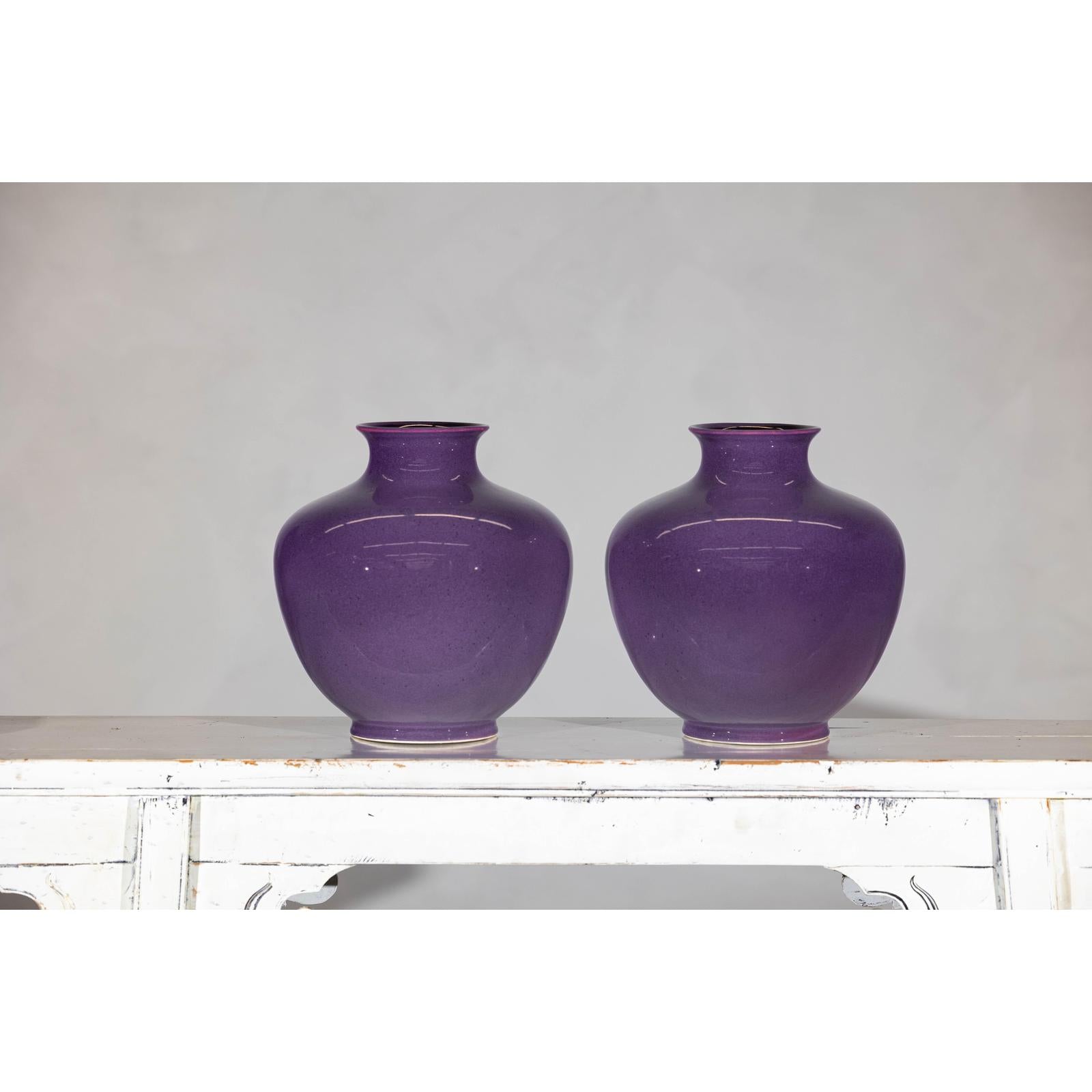 Pair of Purple Ceramic Vases with Glossy Finish and Rounded Bellies
