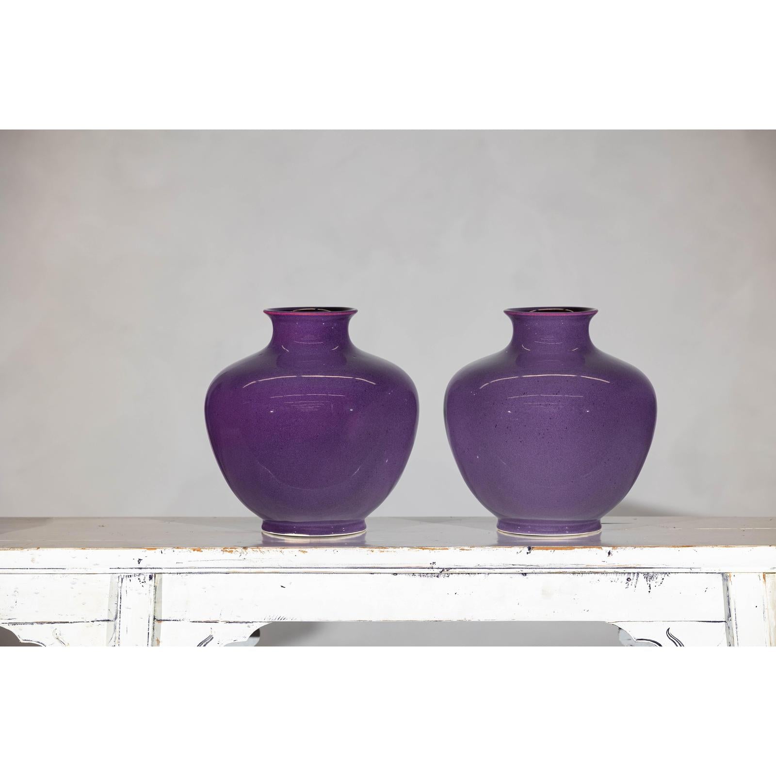 Pair of Purple Ceramic Vases with Glossy Finish and Rounded Bellies