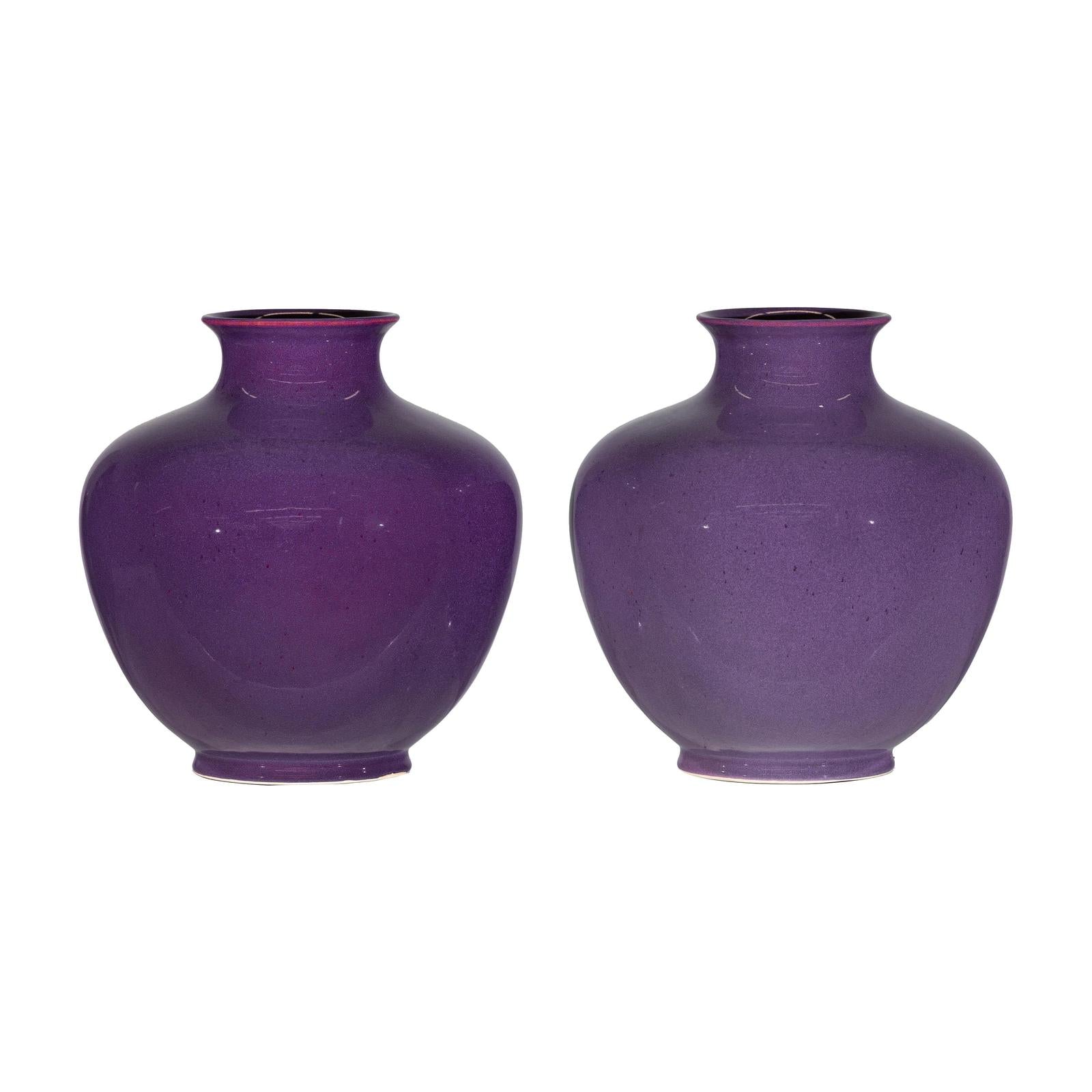 Pair of Purple Ceramic Vases with Glossy Finish and Rounded Bellies