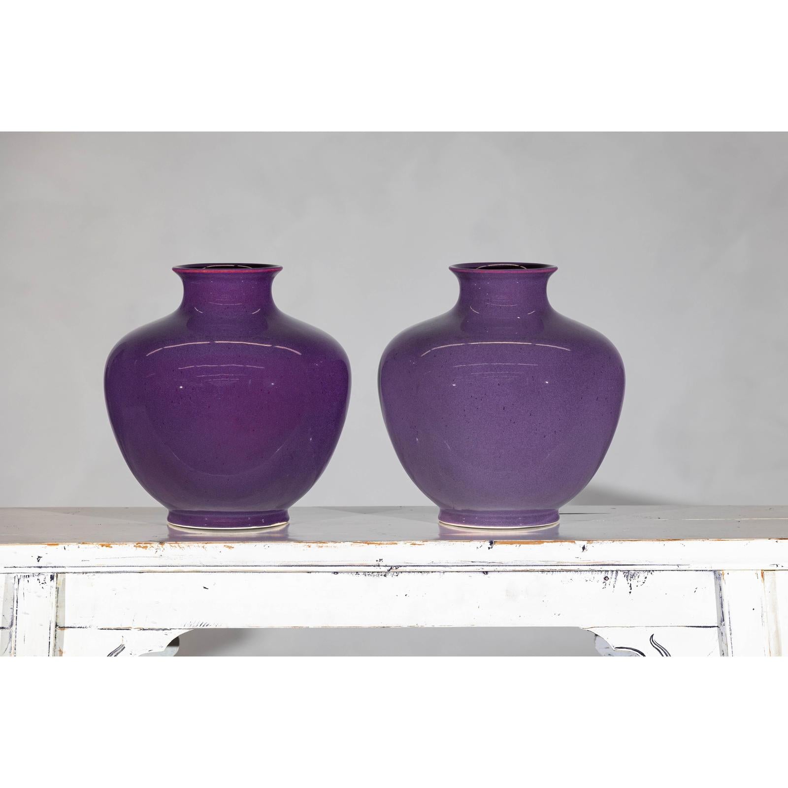 Pair of Purple Ceramic Vases with Glossy Finish and Rounded Bellies