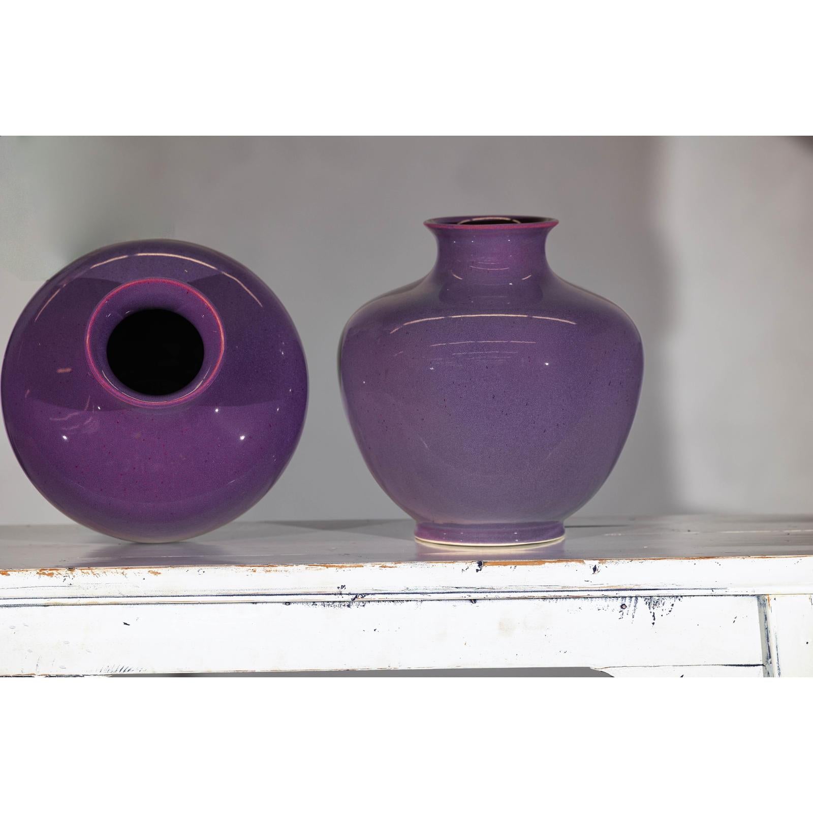 Pair of Purple Ceramic Vases with Glossy Finish and Rounded Bellies