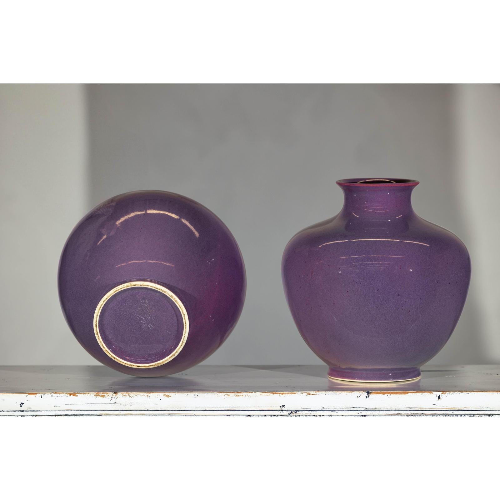 Pair of Purple Ceramic Vases with Glossy Finish and Rounded Bellies