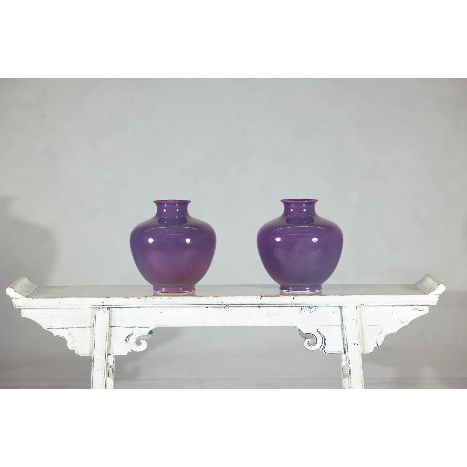 Pair of Purple Ceramic Vases with Glossy Finish and Rounded Bellies