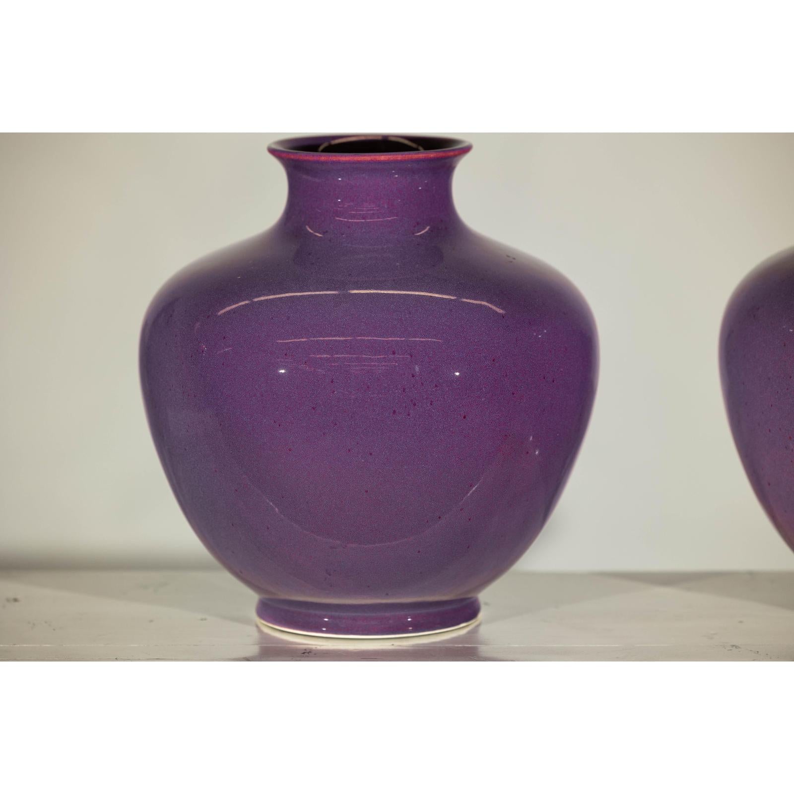 Pair of Purple Ceramic Vases with Glossy Finish and Rounded Bellies