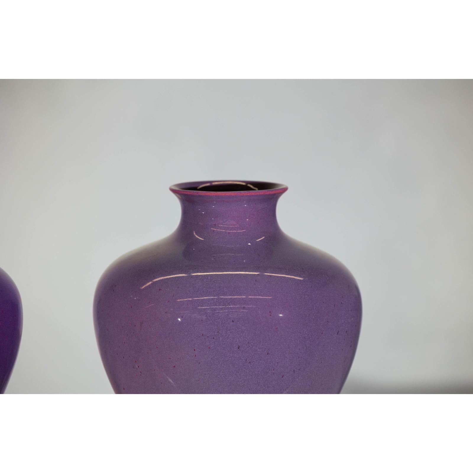 Pair of Purple Ceramic Vases with Glossy Finish and Rounded Bellies