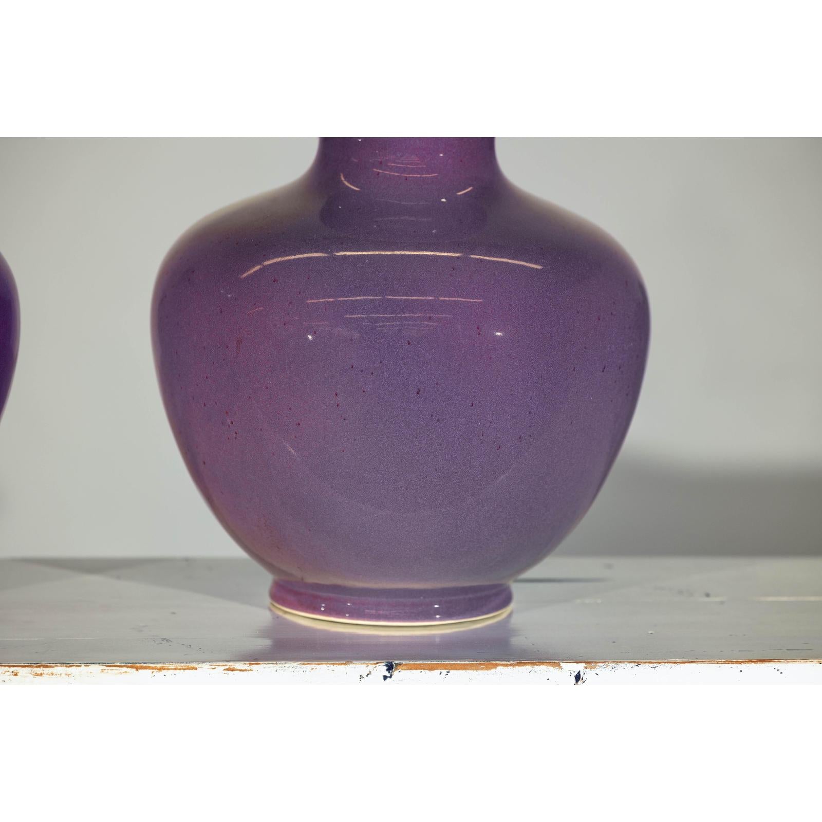 Pair of Purple Ceramic Vases with Glossy Finish and Rounded Bellies