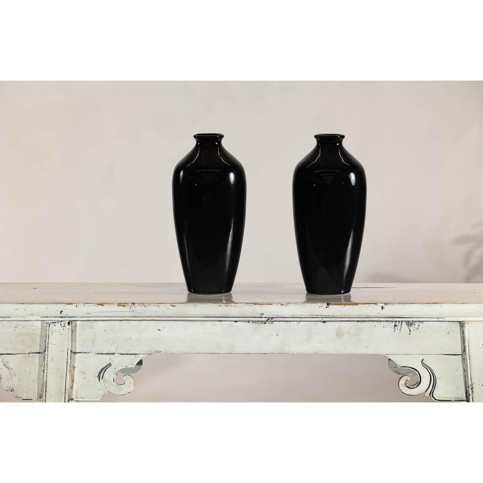 Pair of Vintage Black Porcelain Vases with Glossy Glaze and Narrow Necks