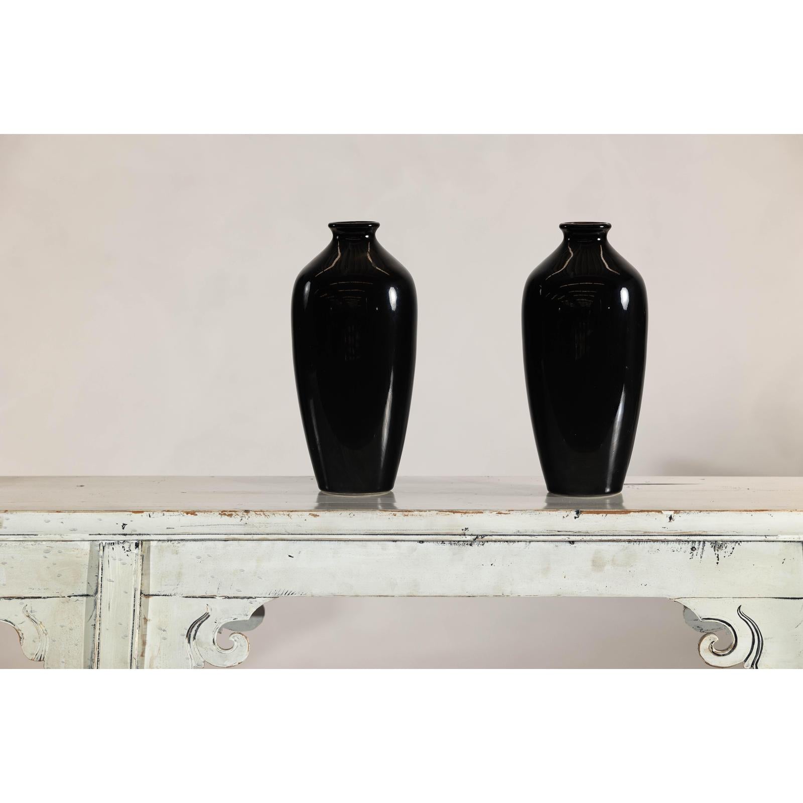 Pair of Vintage Black Porcelain Vases with Glossy Glaze and Narrow Necks