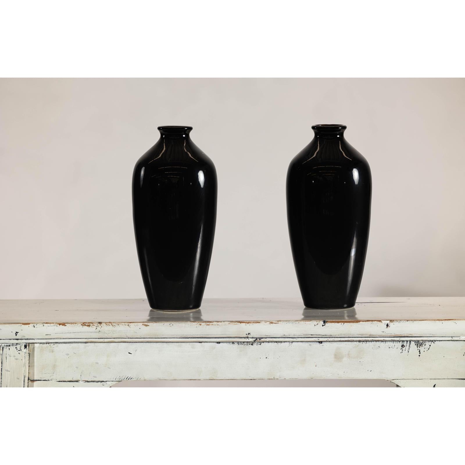 Pair of Vintage Black Porcelain Vases with Glossy Glaze and Narrow Necks