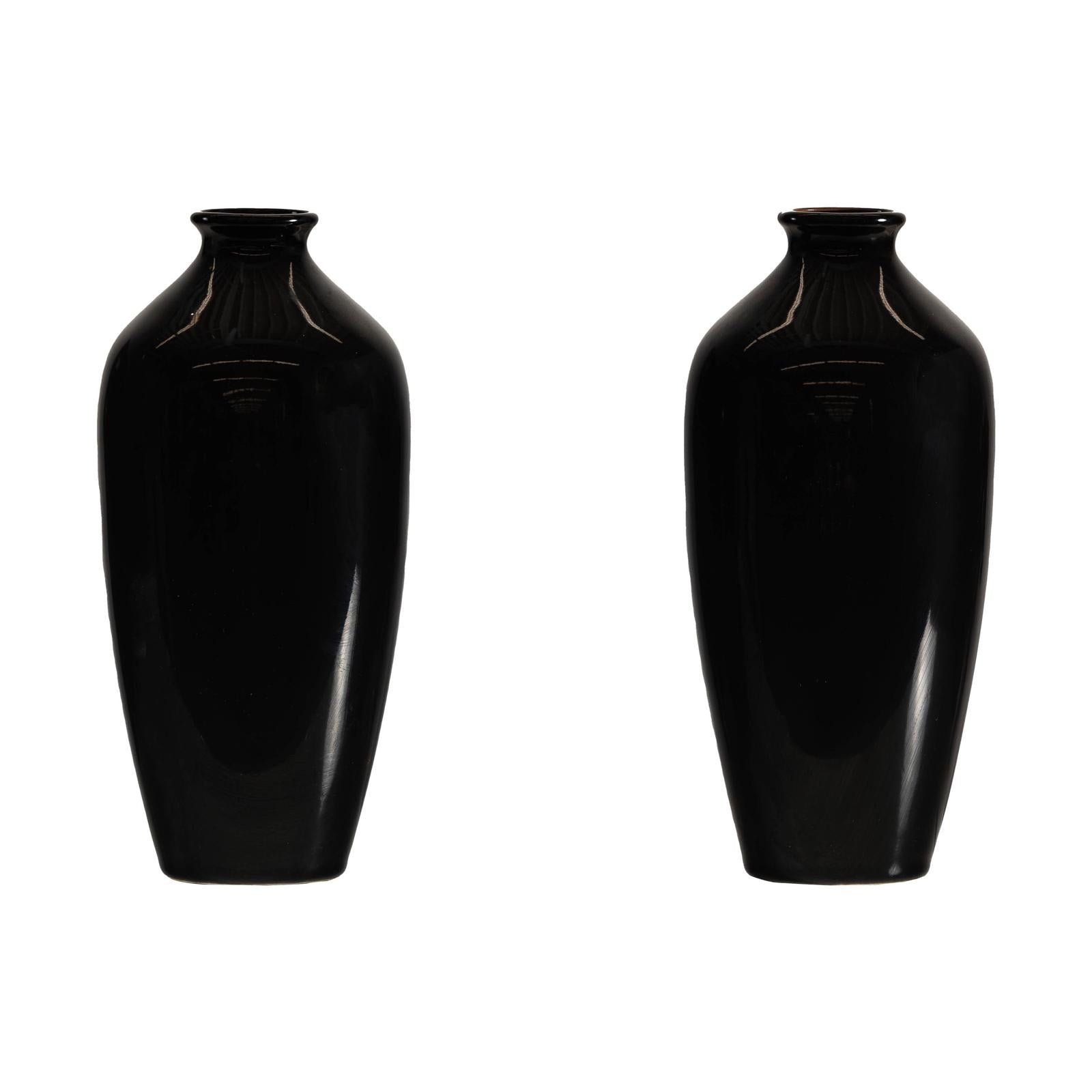 Pair of Vintage Black Porcelain Vases with Glossy Glaze and Narrow Necks