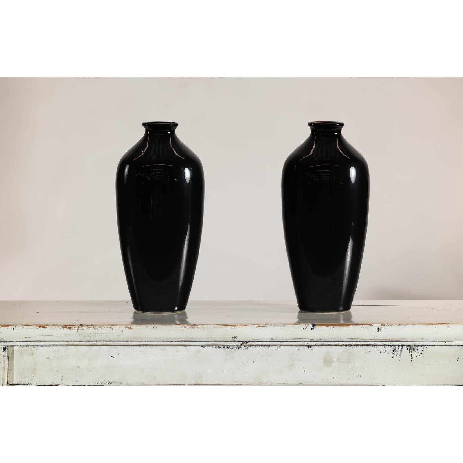 Pair of Vintage Black Porcelain Vases with Glossy Glaze and Narrow Necks