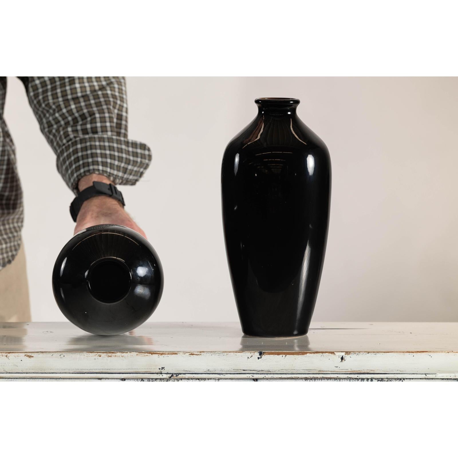 Pair of Vintage Black Porcelain Vases with Glossy Glaze and Narrow Necks