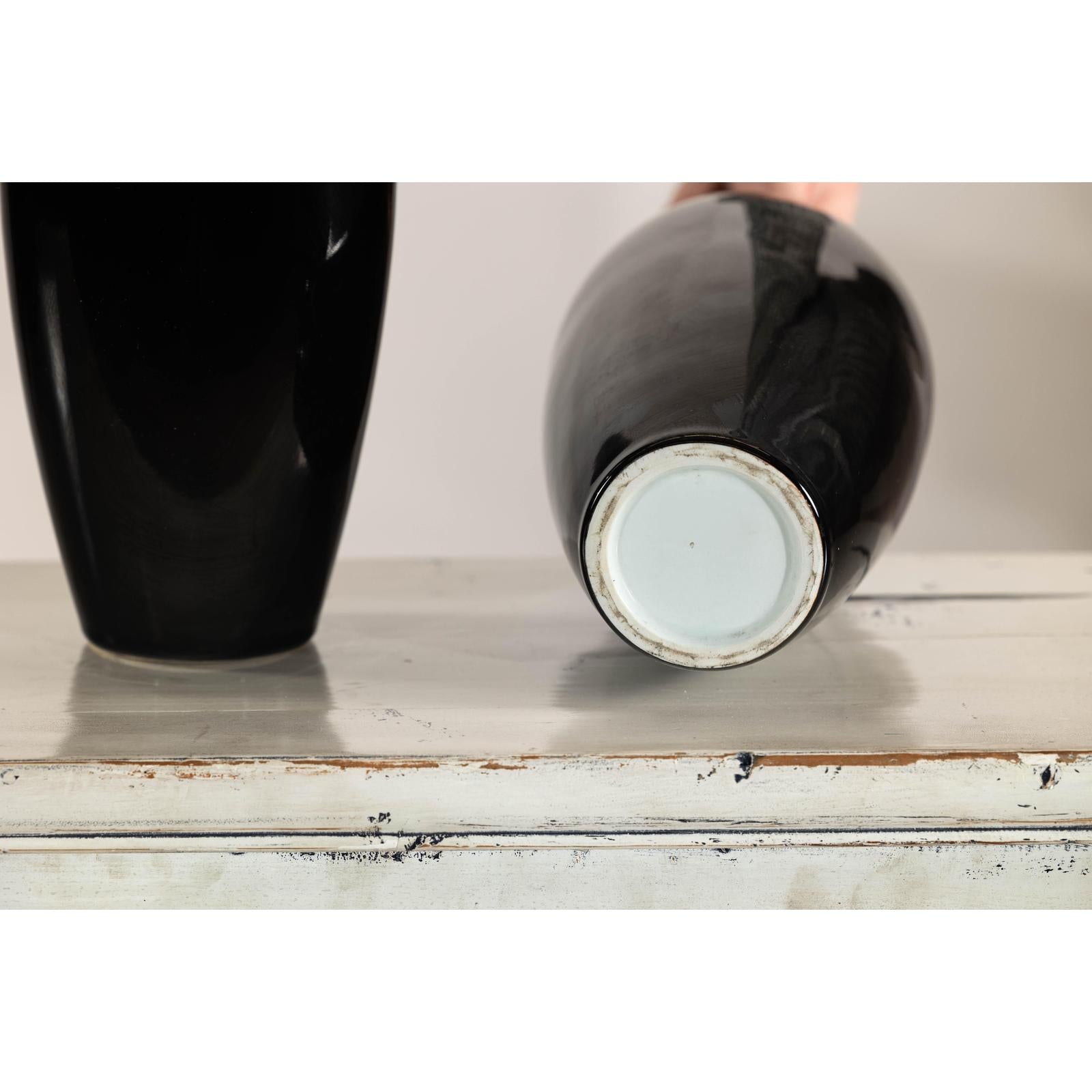 Pair of Vintage Black Porcelain Vases with Glossy Glaze and Narrow Necks