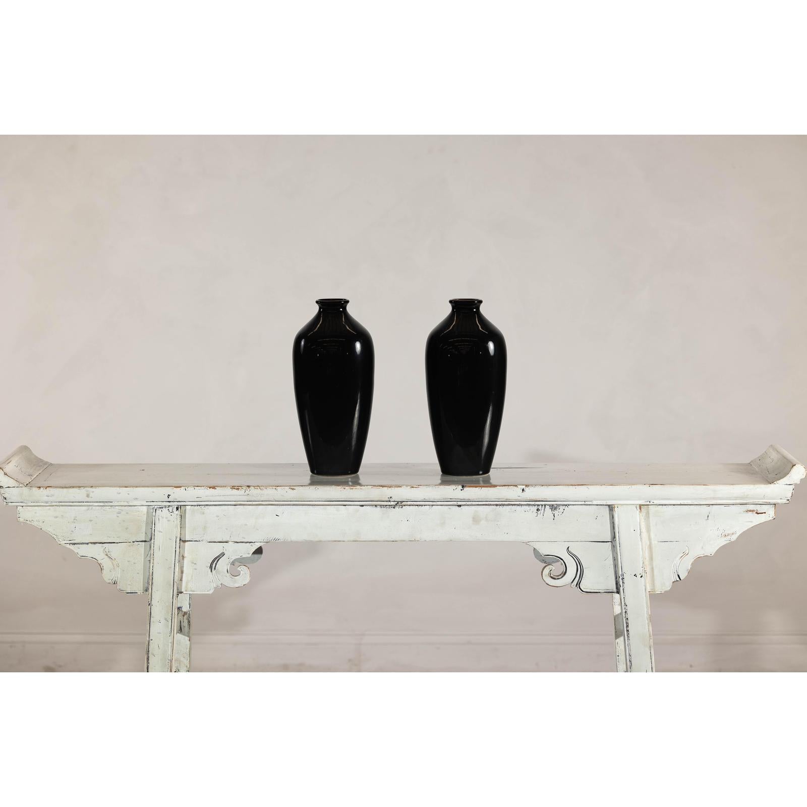 Pair of Vintage Black Porcelain Vases with Glossy Glaze and Narrow Necks