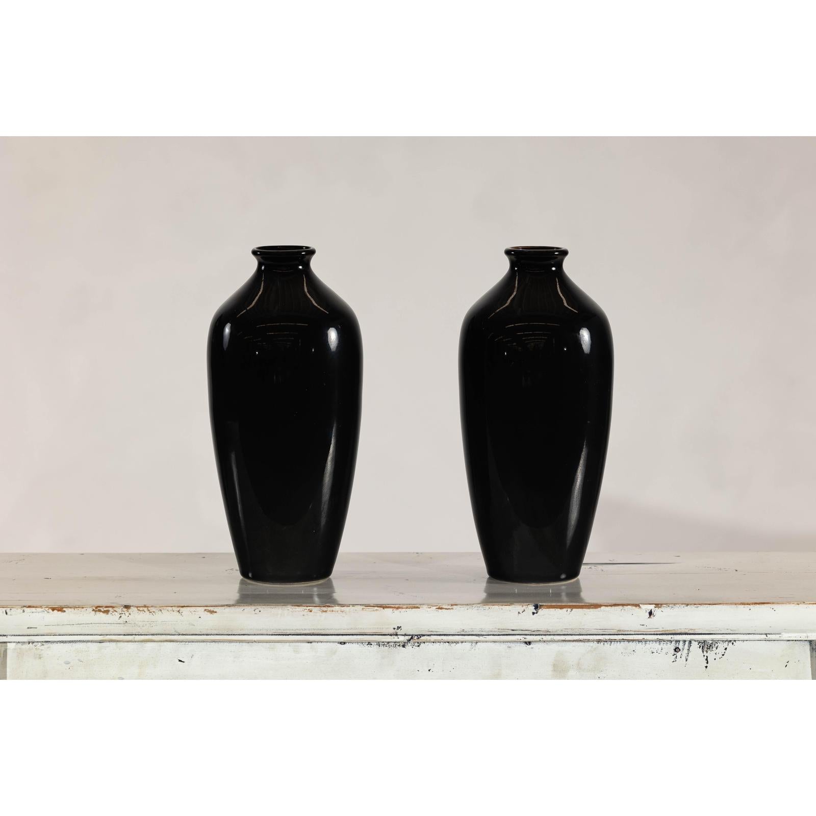 Pair of Vintage Black Porcelain Vases with Glossy Glaze and Narrow Necks