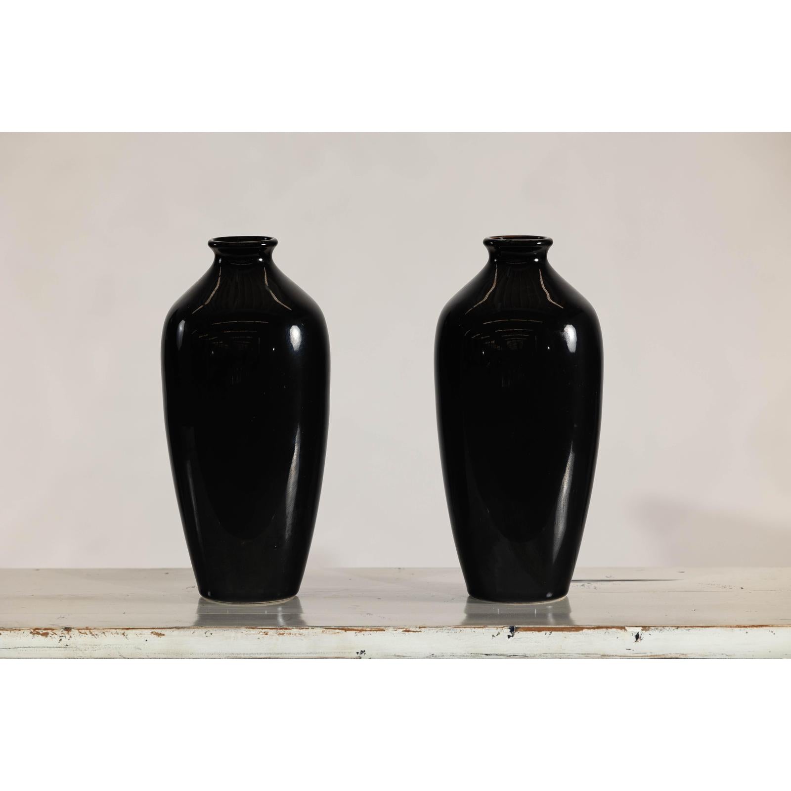 Pair of Vintage Black Porcelain Vases with Glossy Glaze and Narrow Necks