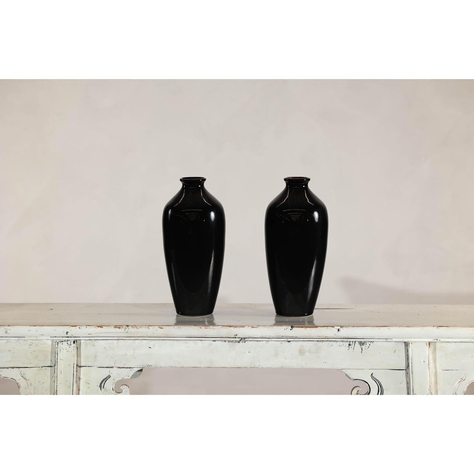 Pair of Vintage Black Porcelain Vases with Glossy Glaze and Narrow Necks