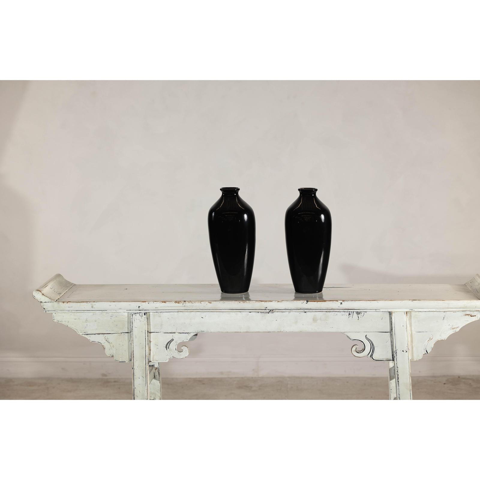Pair of Vintage Black Porcelain Vases with Glossy Glaze and Narrow Necks