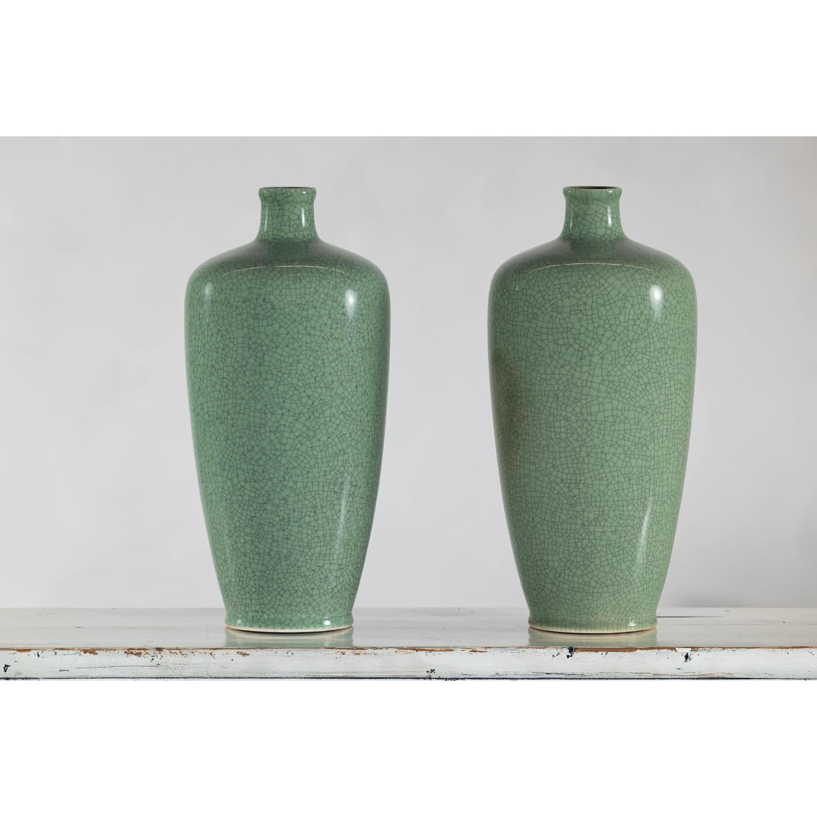 Pair of Vintage Celadon Porcelain Vases with Elegant Crackled Glaze