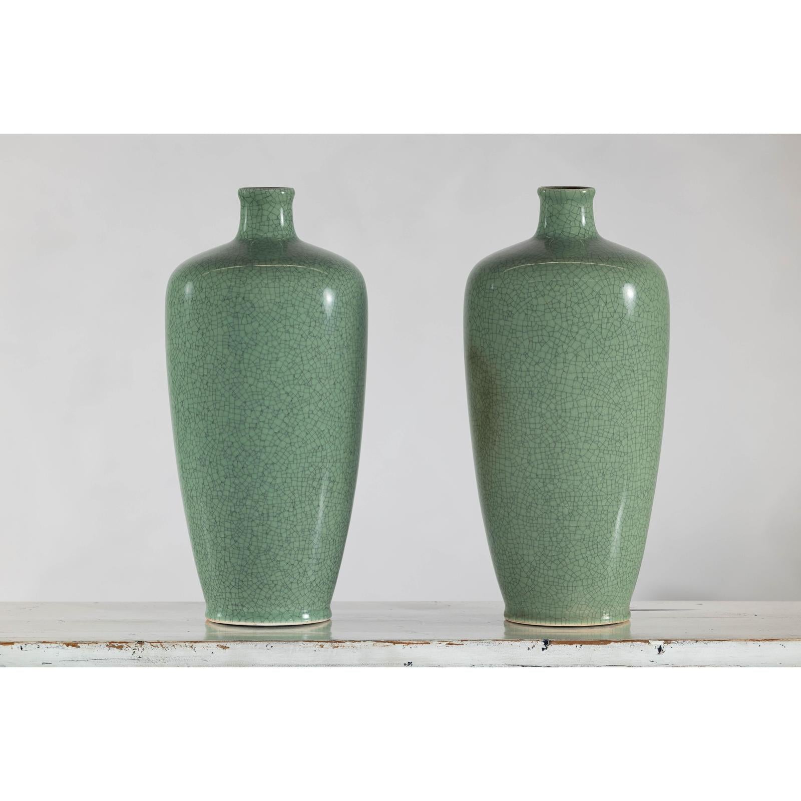 Pair of Vintage Celadon Porcelain Vases with Elegant Crackled Glaze