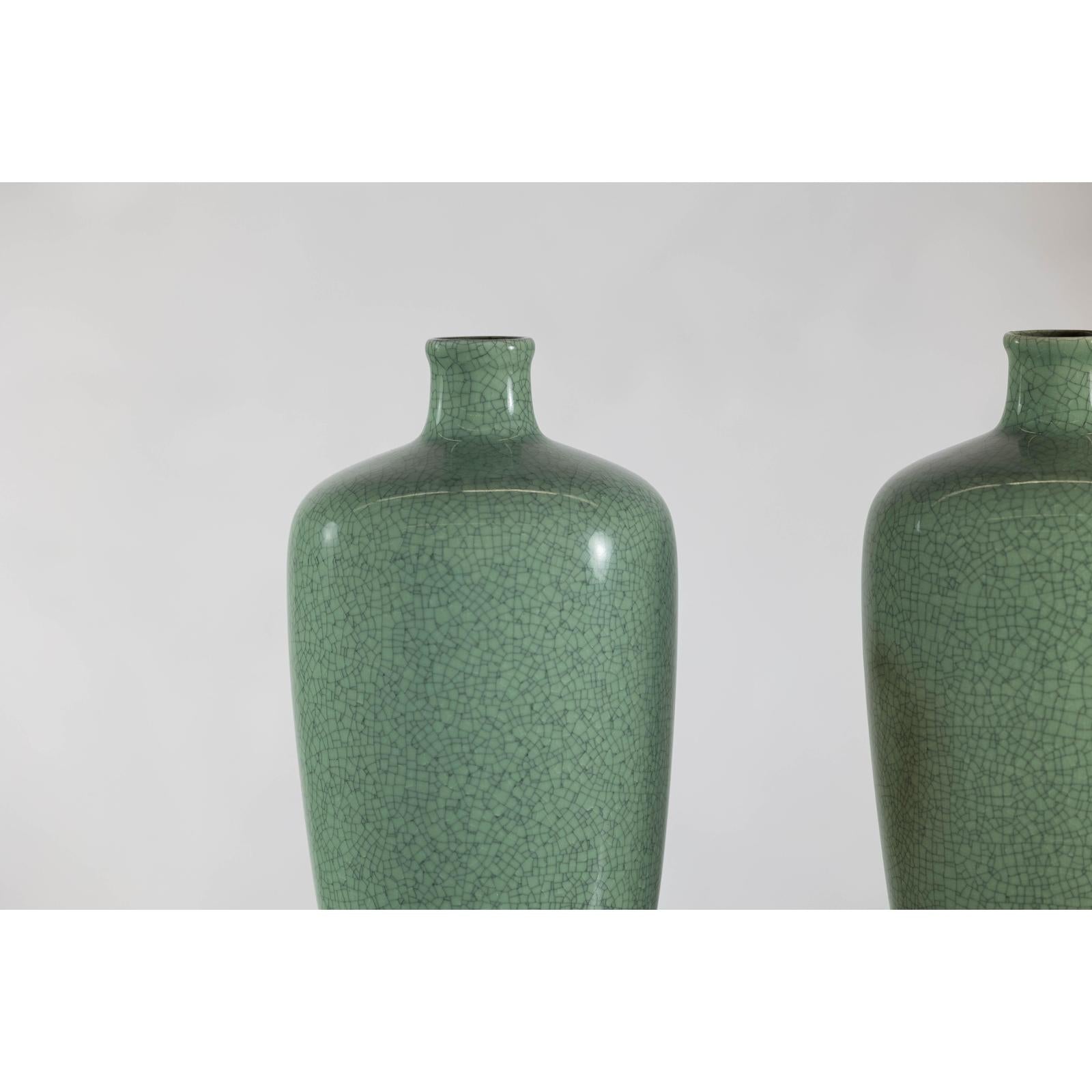 Pair of Vintage Celadon Porcelain Vases with Elegant Crackled Glaze
