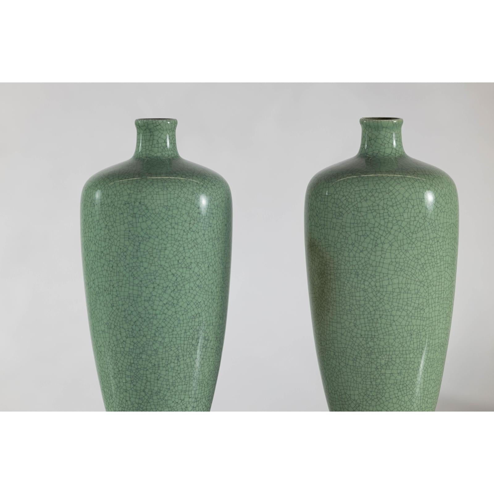 Pair of Vintage Celadon Porcelain Vases with Elegant Crackled Glaze