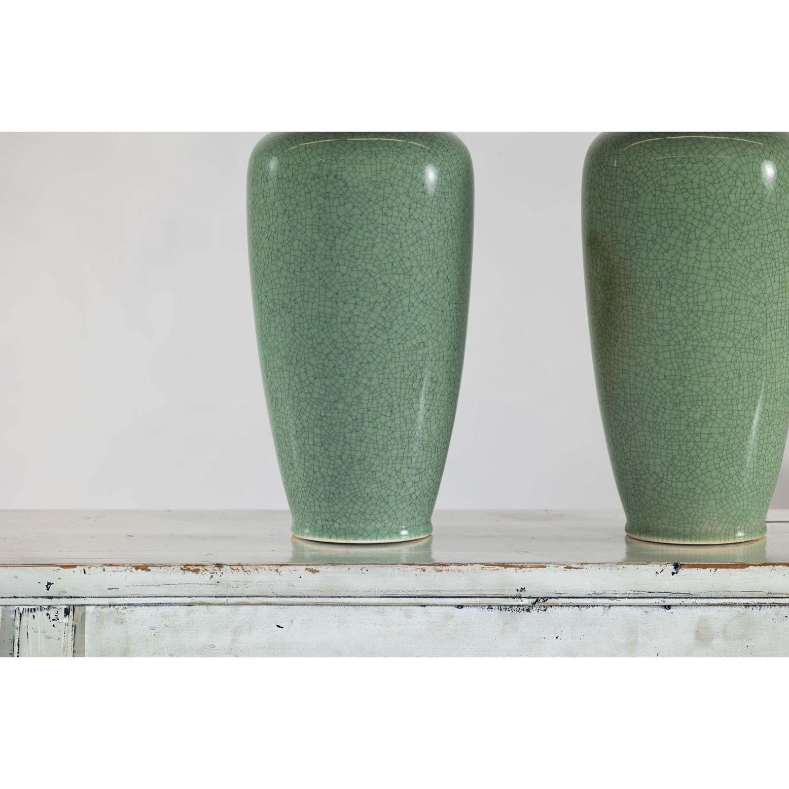 Pair of Vintage Celadon Porcelain Vases with Elegant Crackled Glaze