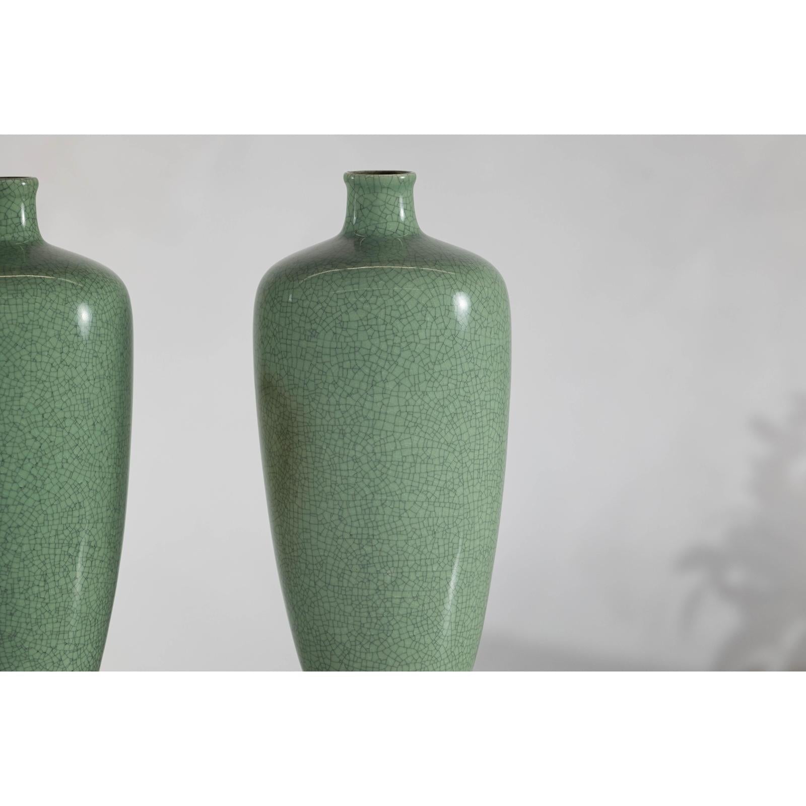 Pair of Vintage Celadon Porcelain Vases with Elegant Crackled Glaze