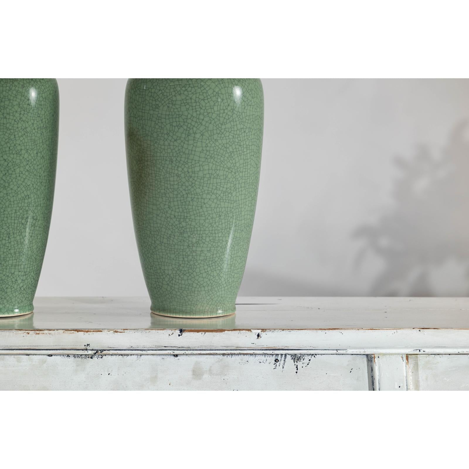 Pair of Vintage Celadon Porcelain Vases with Elegant Crackled Glaze