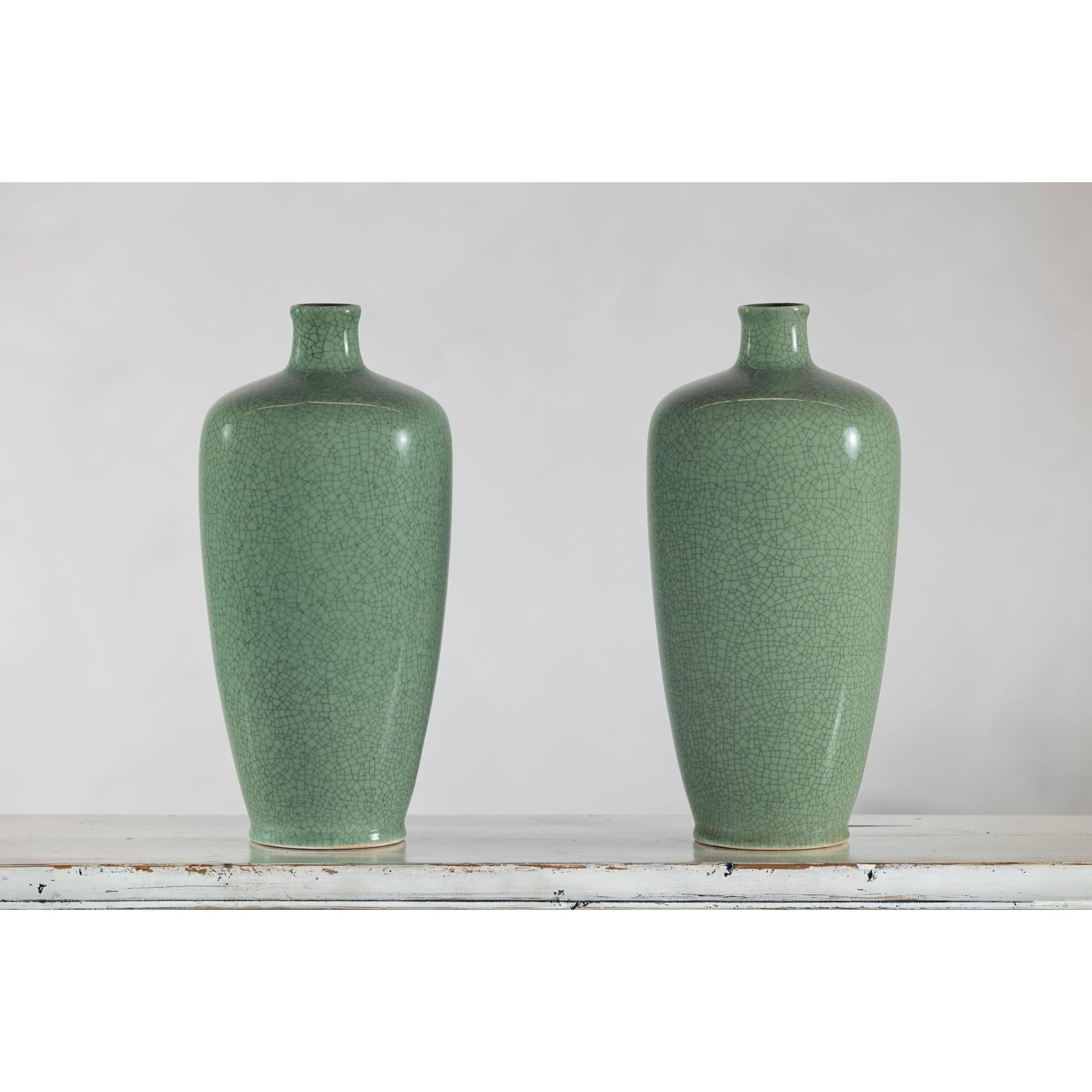 Pair of Vintage Celadon Porcelain Vases with Elegant Crackled Glaze