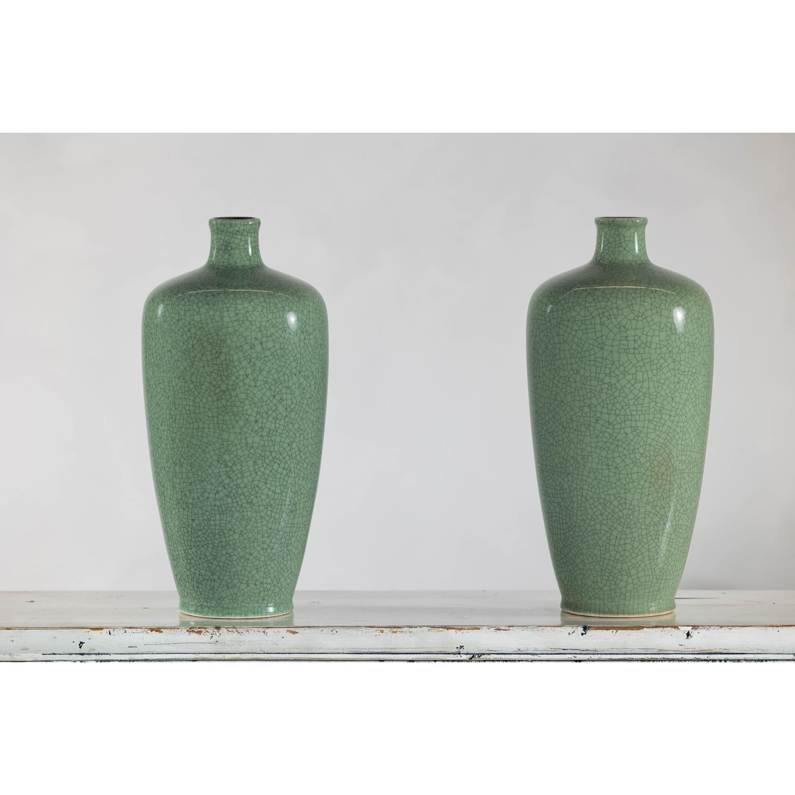 Pair of Vintage Celadon Porcelain Vases with Elegant Crackled Glaze