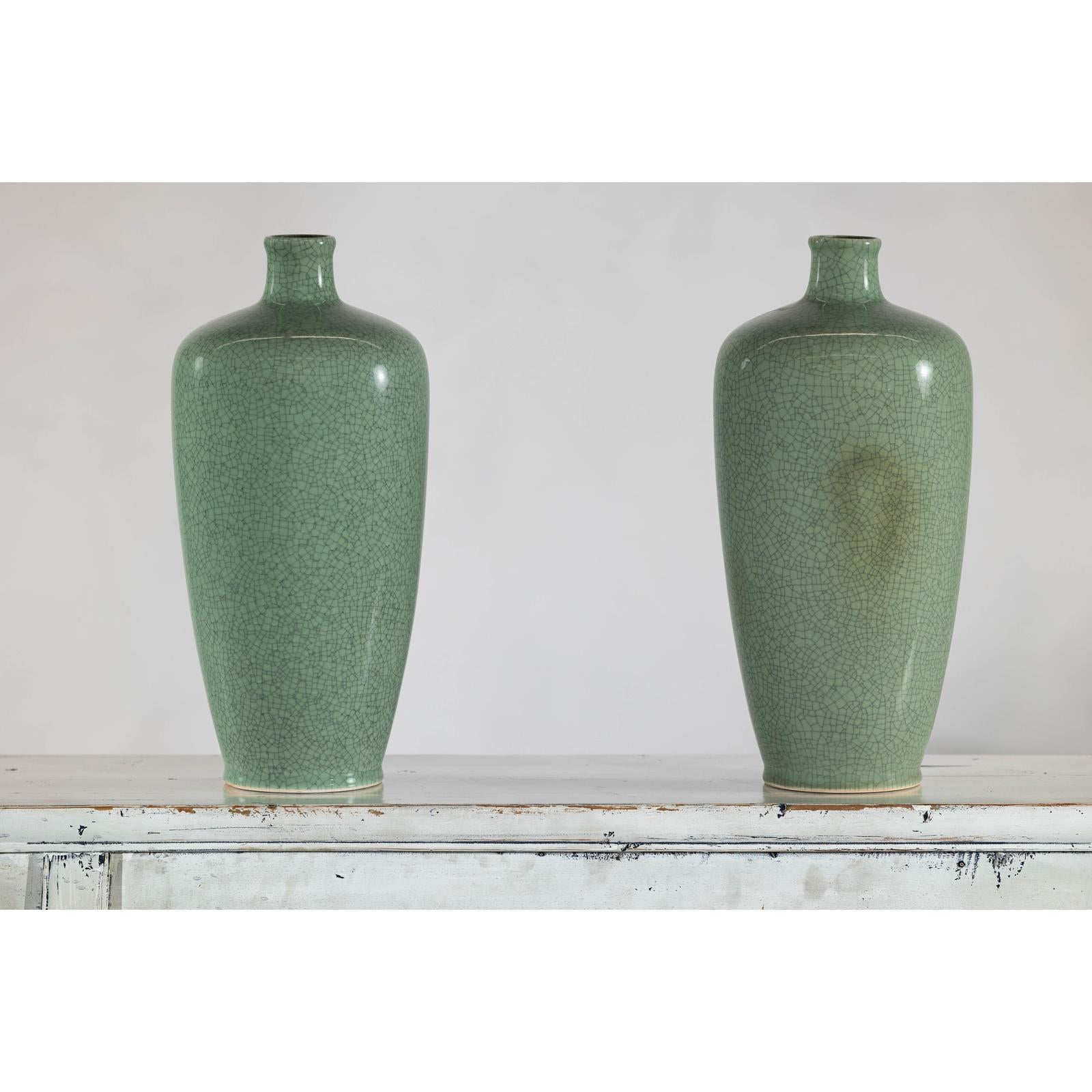 Pair of Vintage Celadon Porcelain Vases with Elegant Crackled Glaze