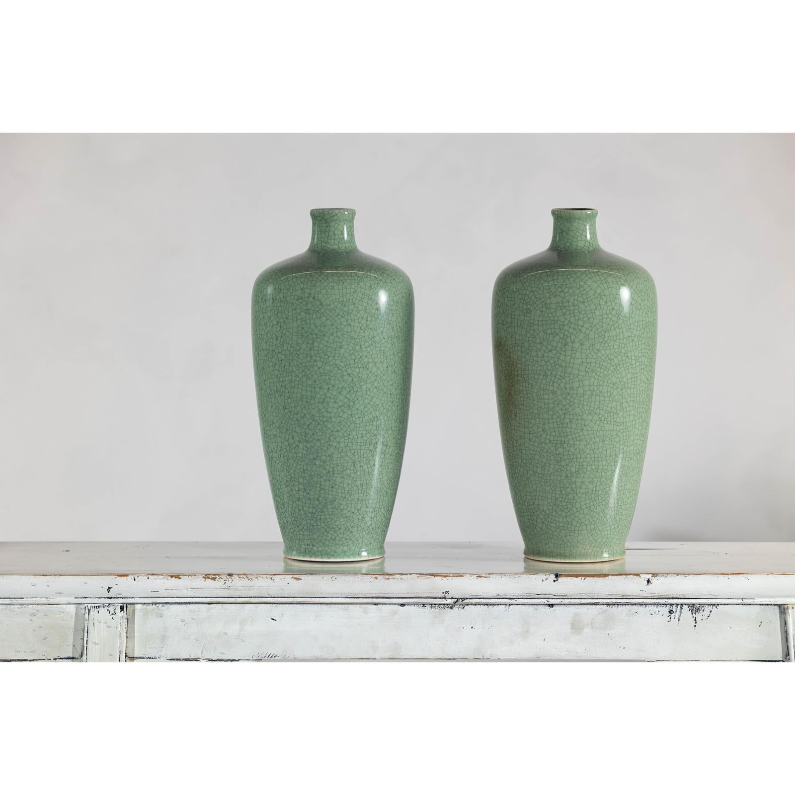 Pair of Vintage Celadon Porcelain Vases with Elegant Crackled Glaze