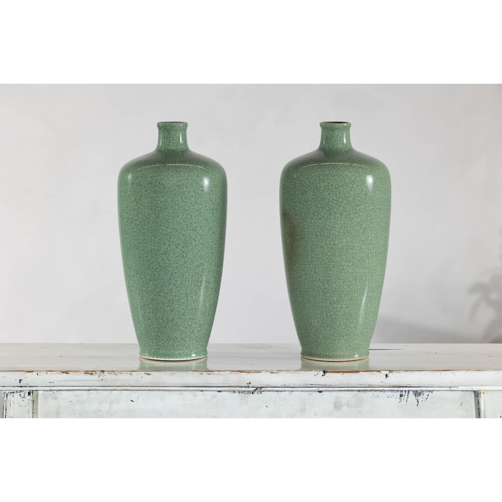 Pair of Vintage Celadon Porcelain Vases with Elegant Crackled Glaze