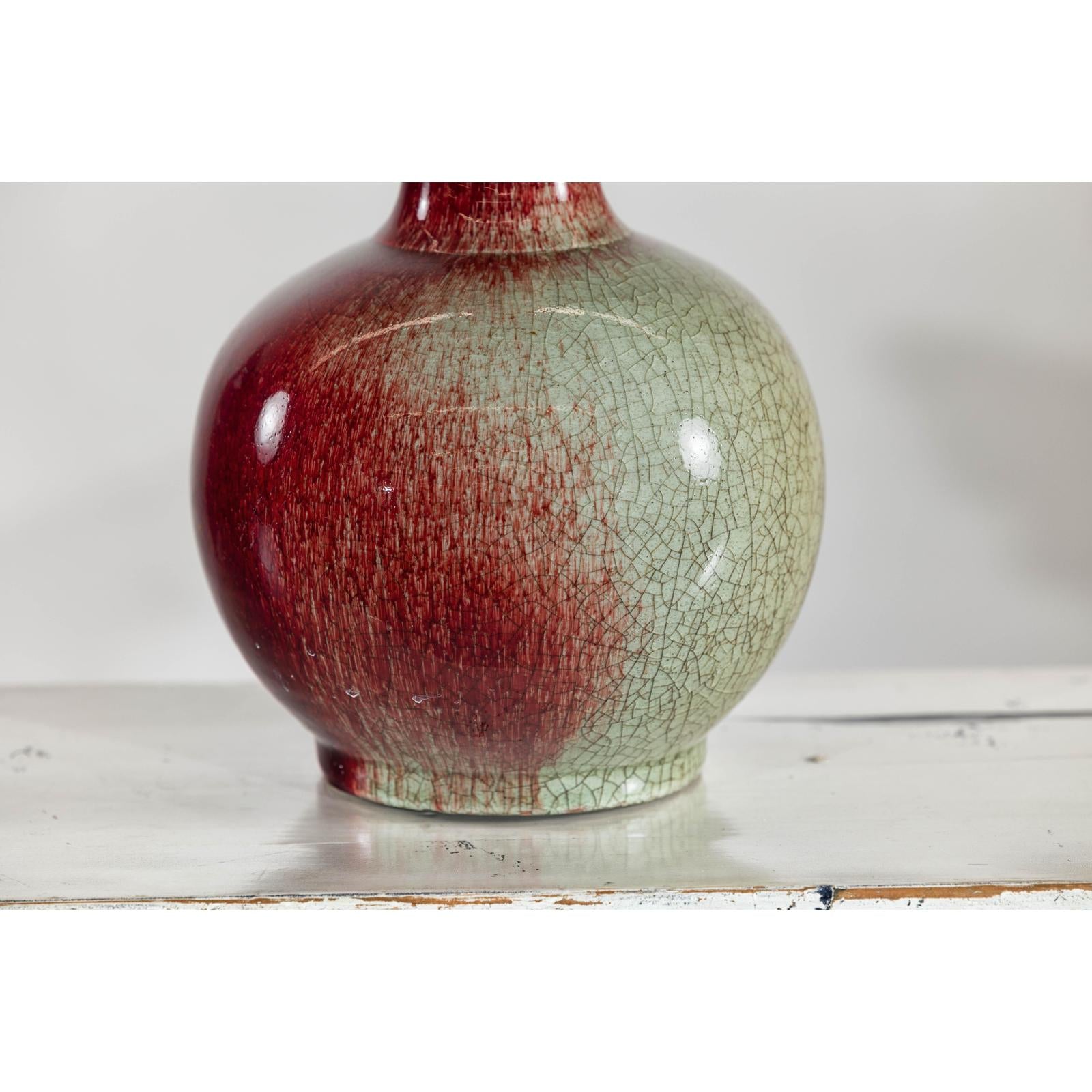 Vintage Red and Green Ceramic Vase with Crackled Glaze and Narrow Neck
