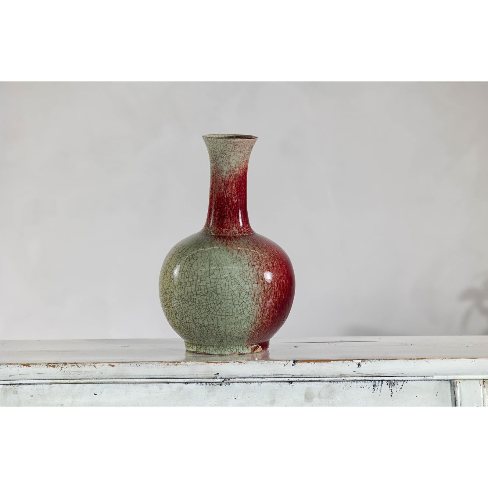 Vintage Red and Green Ceramic Vase with Crackled Glaze and Narrow Neck