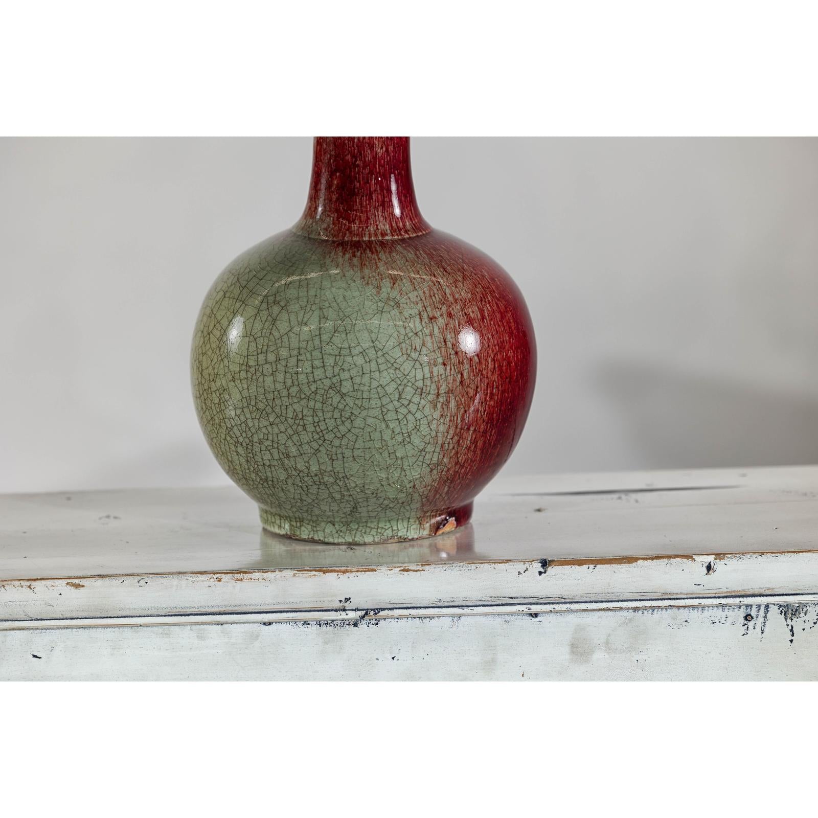 Vintage Red and Green Ceramic Vase with Crackled Glaze and Narrow Neck