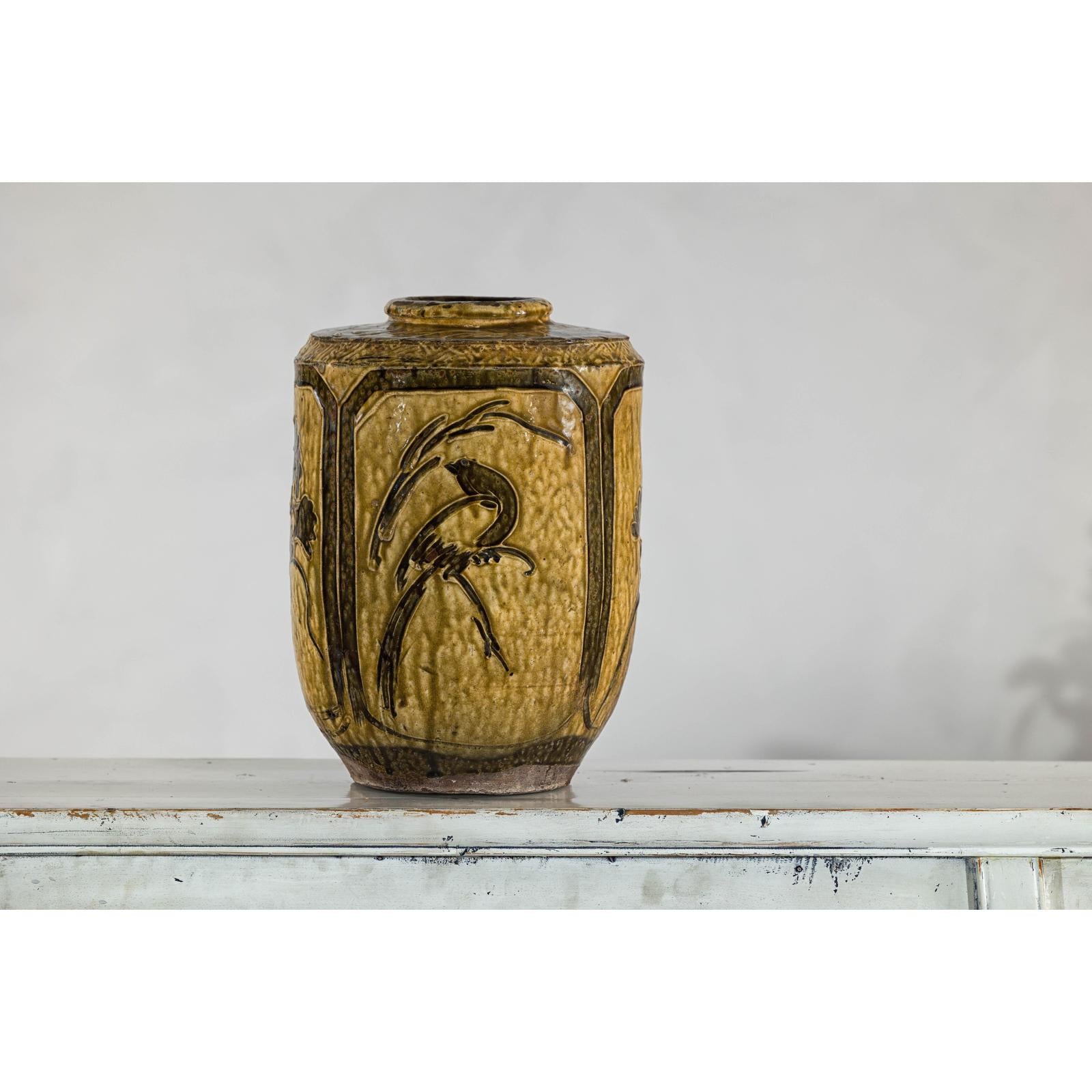 Vintage Mustard Brown Glazed Ceramic Vase with Incised Floral and Bird Motifs