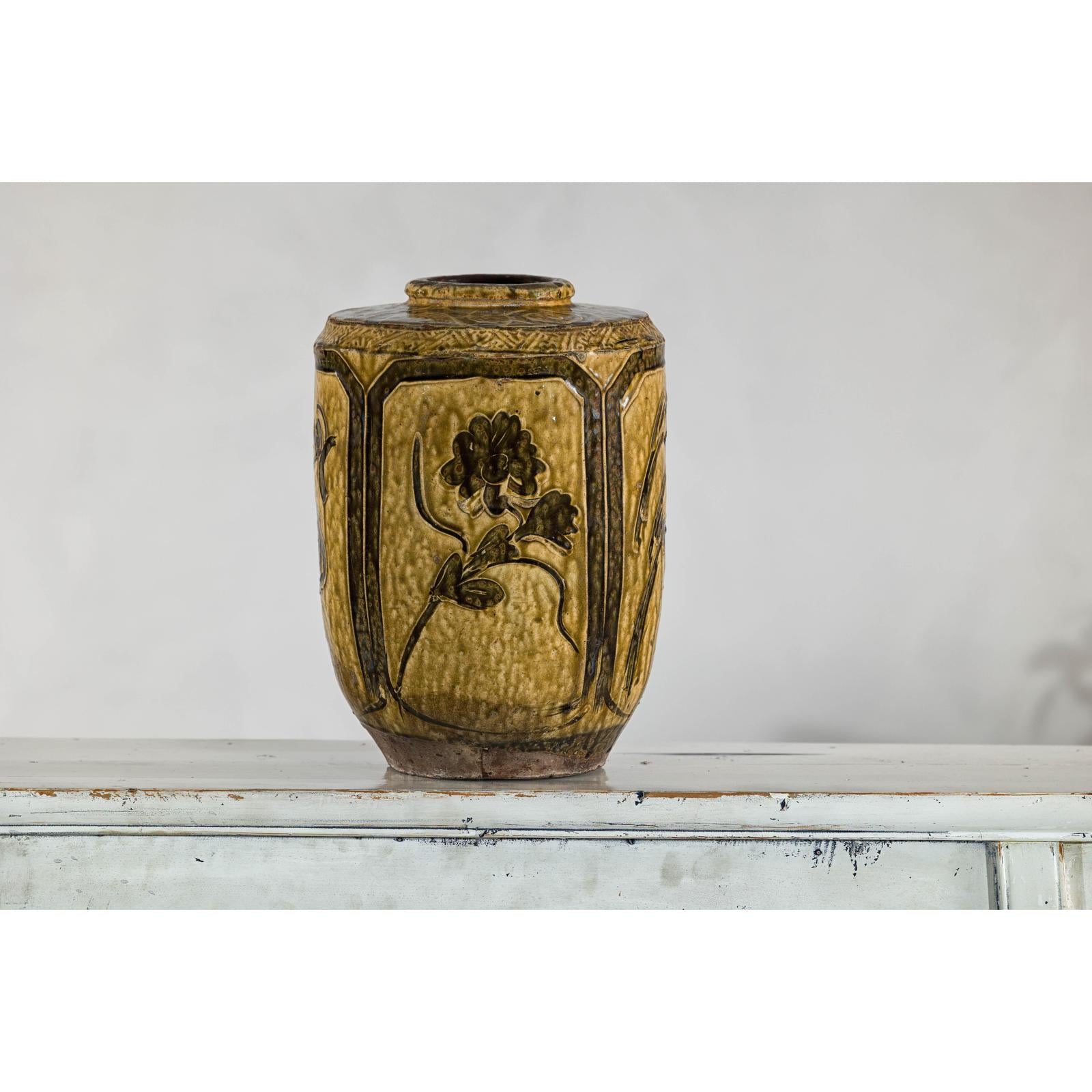 Vintage Mustard Brown Glazed Ceramic Vase with Incised Floral and Bird Motifs